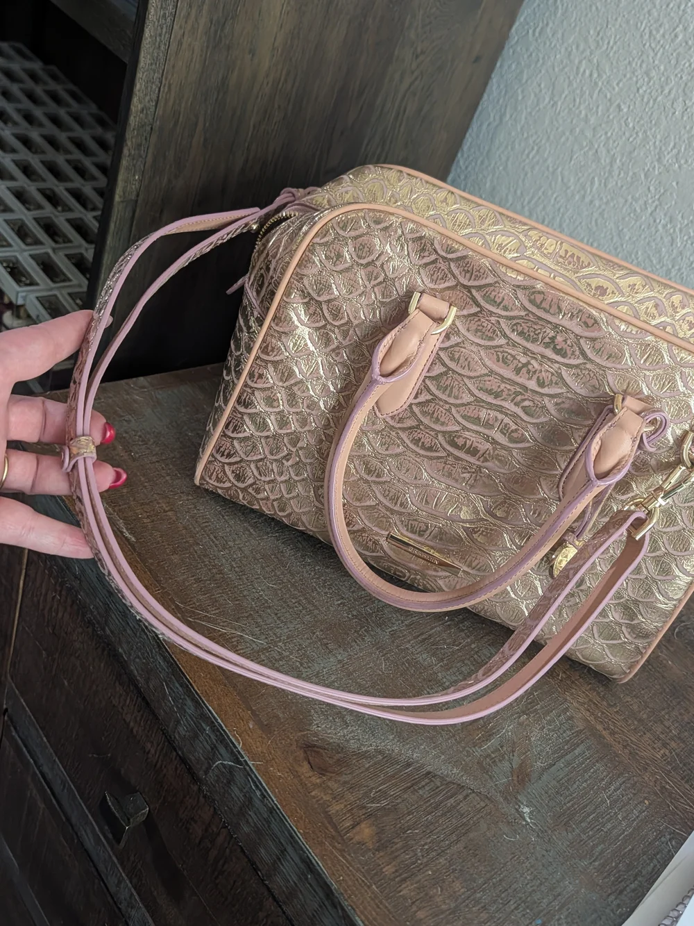 Brahmin Metallic Rose Gold Embossed Satchel